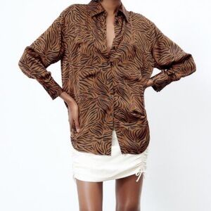 Brown Zebra Print Button-Up Shirt Animal Print - Medium ZARA